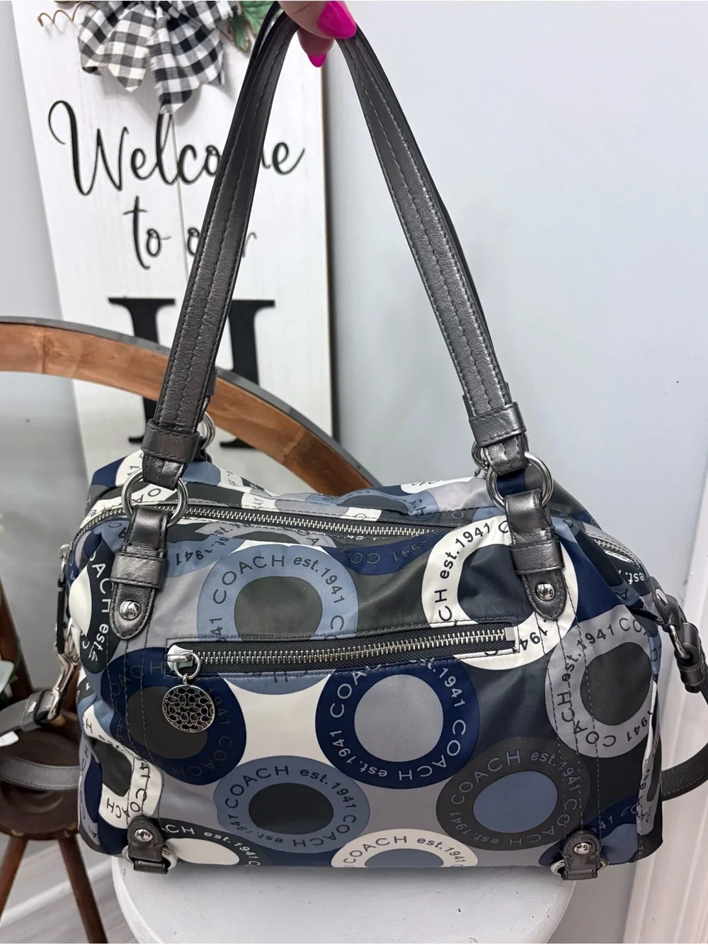 Coach Alexander Bag Navy, Gray and Silver Circle Sateen Print Satchel 💙🤍